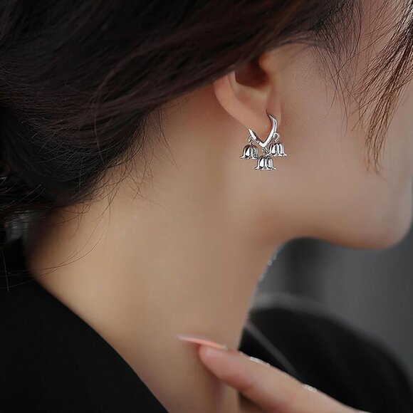 Sterling Silver Hoop Earrings Small Dangle Lily of the Valley Trendy Jewelry - Picture 5 of 6